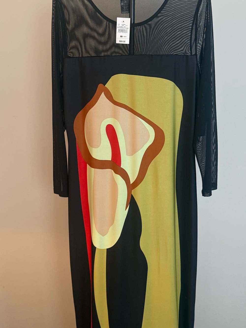 Ashley Stewart Black Long-Sleeve Dress with Abstract Yellow Graphic